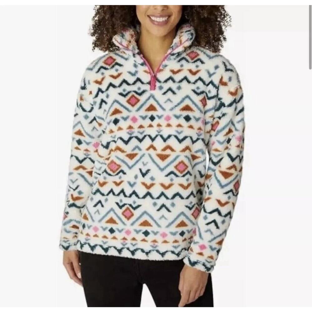 Eddie Bauer Womens Large Sherpa Fleece Quarter Zip Pullover Geometric Pink Blue